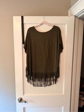 Fringe-Hem Olive Short Sleeve Tunic